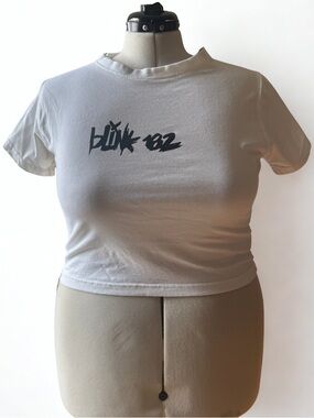 Blink-182 Graphic Tee Boohoo White Short Sleeve Crop Top Shirt US 20